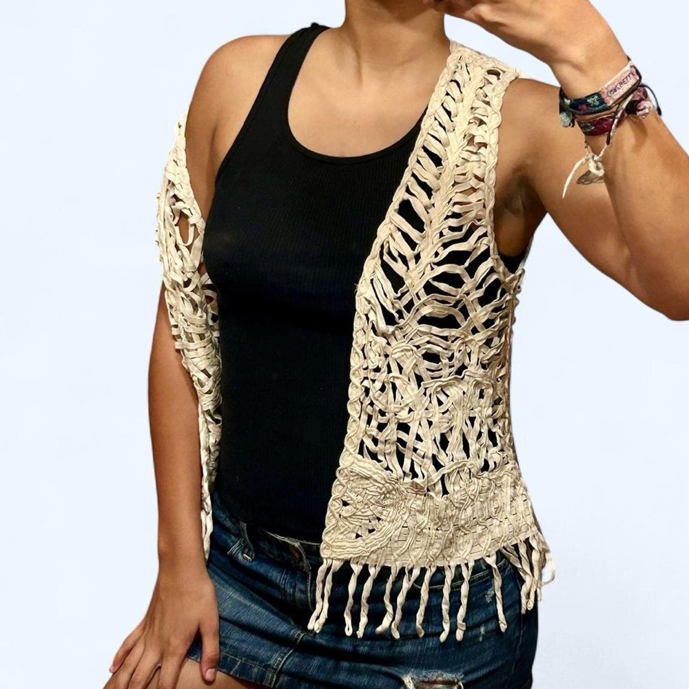 Boho Beige Knit Crochet Vest by LSA International!